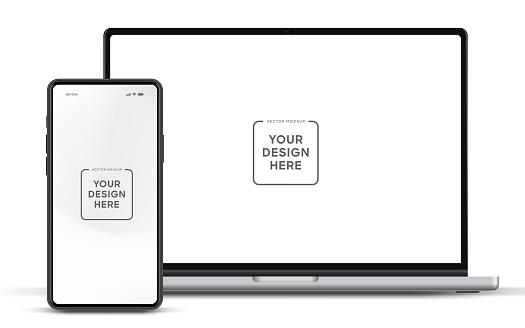 istock Modern laptop mockup front view and smartphone mockup high quality isolated on white background. Notebook mockup and phone device mockup for ui ux app and website presentation Stock Vector. 1536801548