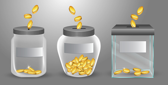 set of realistic transparent money jar for tips or money box glass transparent for donations. eps vector