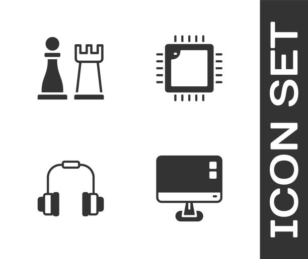 ilustrações, clipart, desenhos animados e ícones de defina a tela do monitor do computador, xadrez, fones de ouvido e processador com o ícone da cpu. vetor - board game piece audio