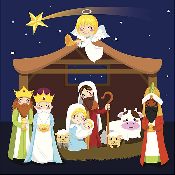 Christmas Nativity Scene Three wise men bring presents to Jesus in Christmas Nativity Scene west bank stock illustrations