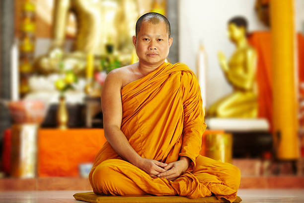 Peaceful monk in saffron robes Portrait of a seated monk in a temple wearing a saffron robe and gazing at the camera buddhist robes stock pictures, royalty-free photos & images
