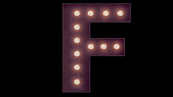 Light bulb glowing letter alphabet character F font. Front view illuminated capital symbol on black background. 3d rendering illustration. Vintage letters.