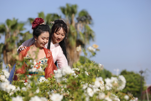 Young Chinese ladies looking at white flowers