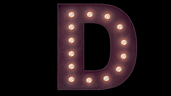 Light bulb glowing letter alphabet character D font. Front view illuminated capital symbol on black background. 3d rendering illustration. Vintage letters.
