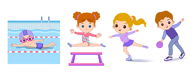 Happy children playing sport game, doing physical exercise. Training set. Active healthy childhood. Flat vector cartoon illustration isolated on white background