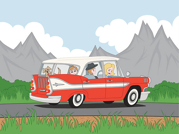illustrations, cliparts, dessins animés et icônes de road trip - enfants derrière voiture vacance