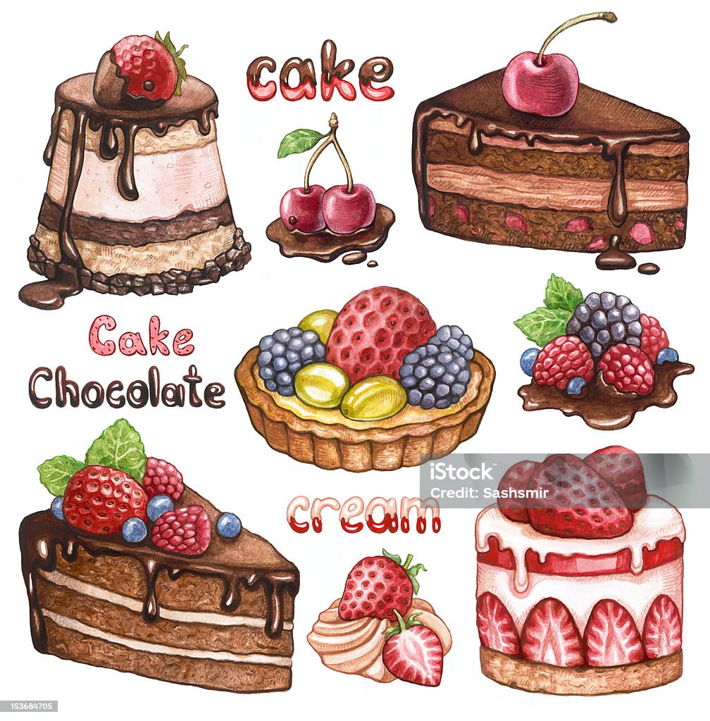 Collection of watercolor cakes Pencil Drawing stock illustration