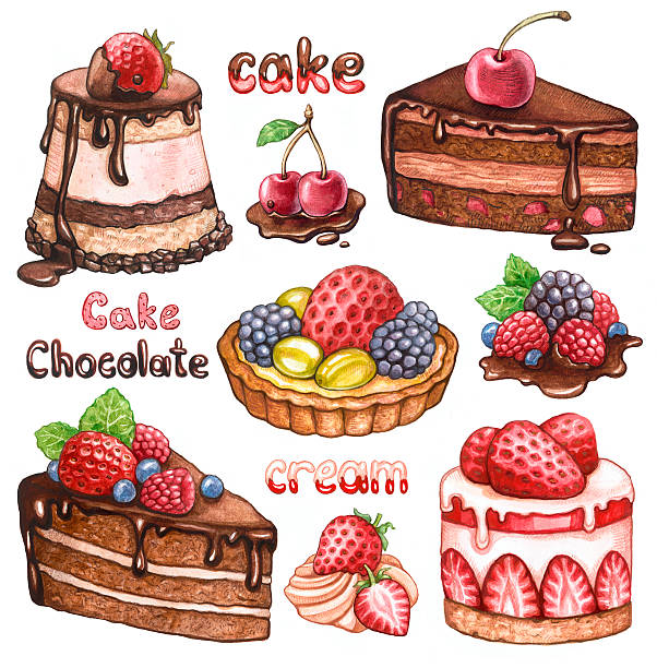 Collection of watercolor cakes vector art illustration