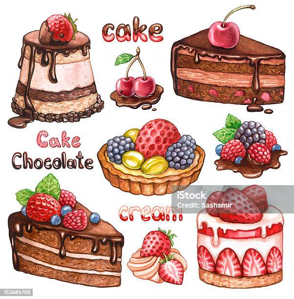 Collection Of Watercolor Cakes Stock Illustration - Download Image Now - Pencil Drawing, Raspberry, Ancient