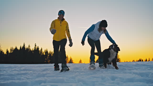 SLO MO Two women walks a dog over snowy hill at sunset