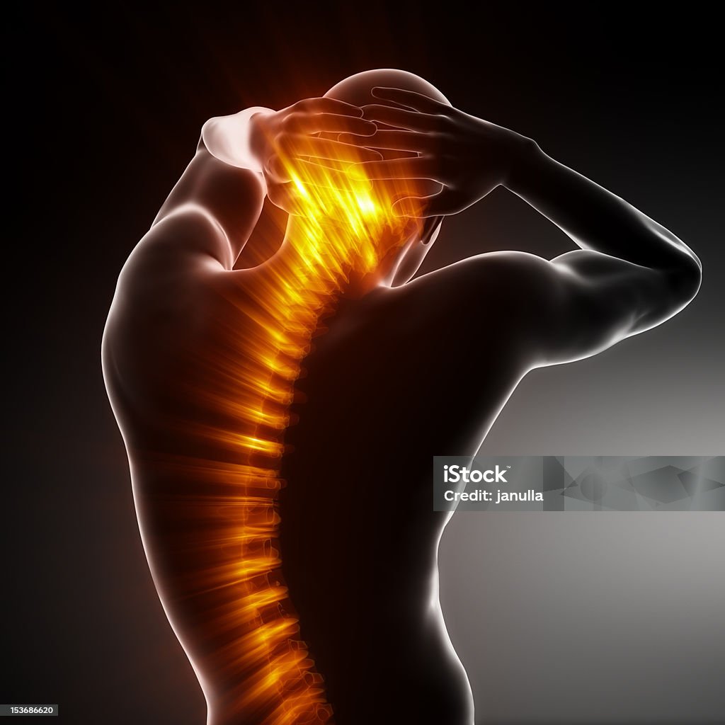 Pain in spine - medical concept Posing man with glowing spine Adult Stock Photo