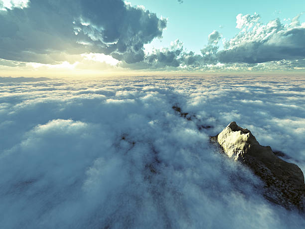 Beautiful sunshine above clouds beautiful view above cloudscape and mountains stratosphere airplane cloudscape mountain stock pictures, royalty-free photos & images