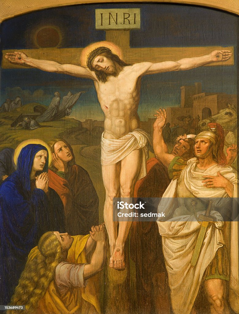 Jesus on the cross from Vienna church Jesus on the cross from Vienna church Kirche am Hof - one of the cross-way pictures Calvary - Monument Stock Photo