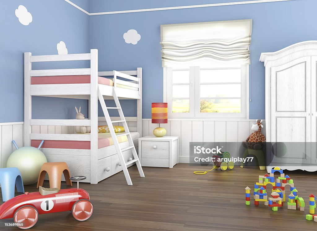 ブルーのお子様用のお部屋には、おもちゃ - 二段ベッドのロイヤリティフリーストックフォト