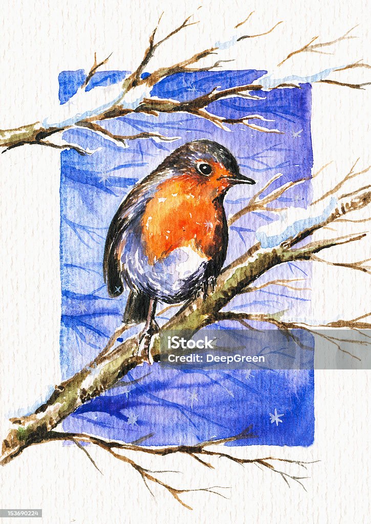 Robin Hand painted picture of robin on branch in winter time.Illustration I have created with watercolors. Bird stock illustration