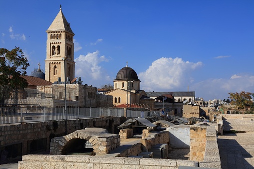 Rooftop view of Muslim Quarter and Jewish Quarter of Jerusalem, Israel. Lutheran Church of the Redeemer.