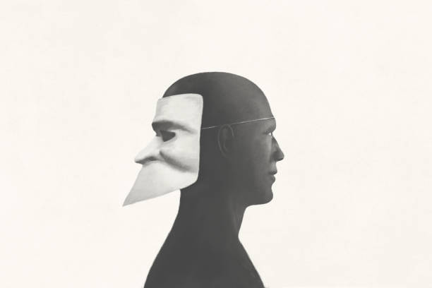 背中に横たわる男性、白黒の超現実的な抽象的コンセプト - symmetry individuality human face reflection点のイラスト素材／クリップアート素材／マンガ素材／アイコン素材