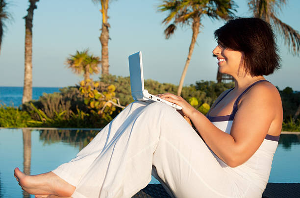 istock lovely woman with laptop computer 153690958