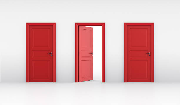 Three red doors in a line with the middle slightly ajar 3d rendering of three doors, one open and two closed door stock pictures, royalty-free photos & images
