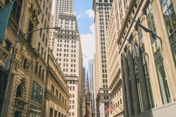 View from Wall Street, New York City. stock photo