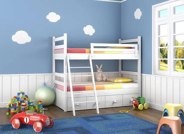Children´s  room in blue walls with litter and lots of toys on the floor