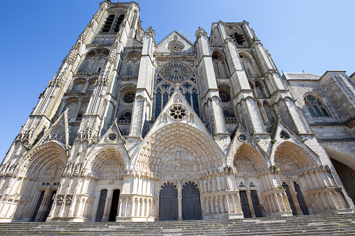 Bourges, cher, france, april 20, 2023 : exteriors and architectural decors of Cathedral basilica saint Stephen
