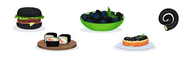 Vector illustration of Black Food with Hamburger, Berry Bowl, Sushi and Candy Vector Set