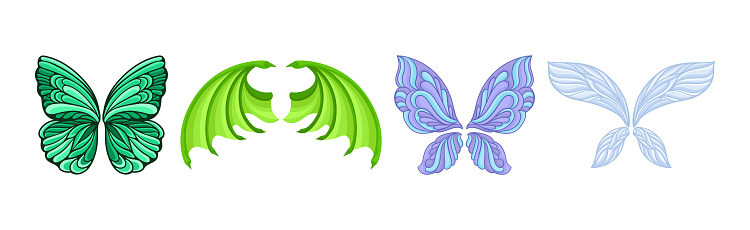 Colorful Wings of Different Flying Creature Vector Set. Pair of Spread Wings