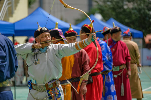 Ulaanbaatar, Mongolia - July 12, 2023: Archers at the Nadaam Festival in Ulaanbaatar, Mongolia.