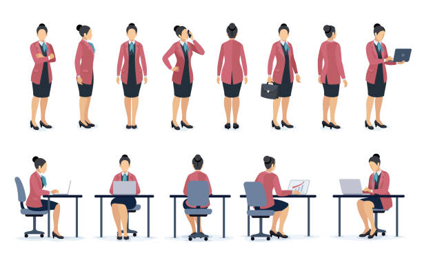 Businesswoman character poses set. Front side and back view of office worker woman. Set of Businesswoman character design. Different poses design. Businesswoman character poses set. Front side and back view of office worker woman. Set of Businesswoman character design. Different poses design. laptop side icon stock illustrations