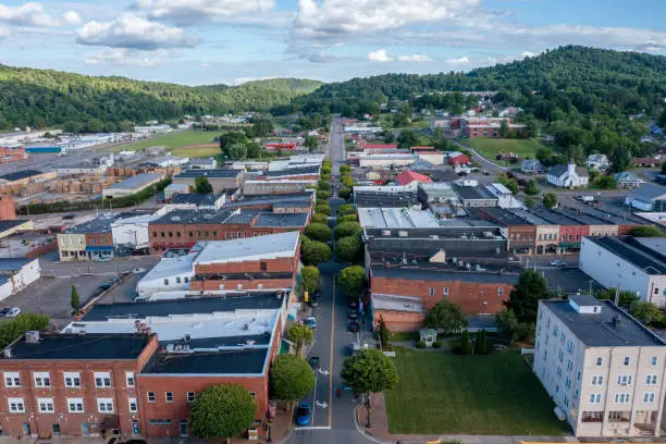 Aerial View Looking Down Main Street Towards the Mountains in Galax Virginia