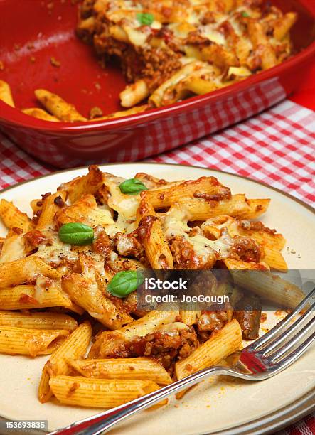 Baked Rigatoni Pasta Meal Stock Photo - Download Image Now - Baked, Basil, Beef