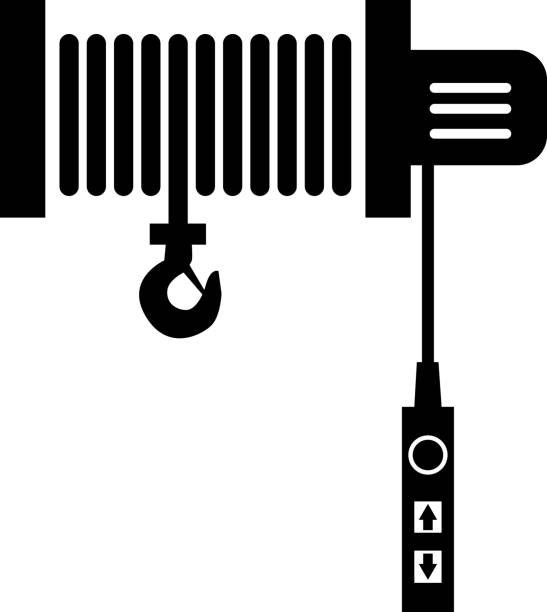 elektrisches hebezeug kransymbol. windenschild. riemenscheibenhaken-symbol. flacher stil. - vertical lift bridge stock-grafiken, -clipart, -cartoons und -symbole