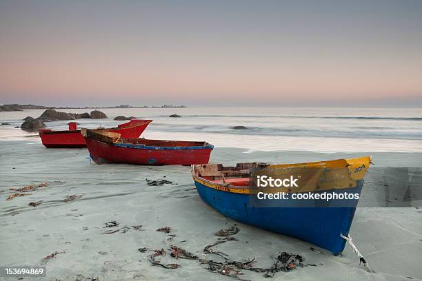 Three Colorful Fishing Boats Docked On The Beach Stock Photo - Download Image Now - Paternoster - South Africa, South Africa, Landscape - Scenery