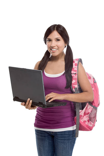 大学生ヒスパニック系の女の子、ノートパソコン、バックパック - mocker ストックフォトと画像