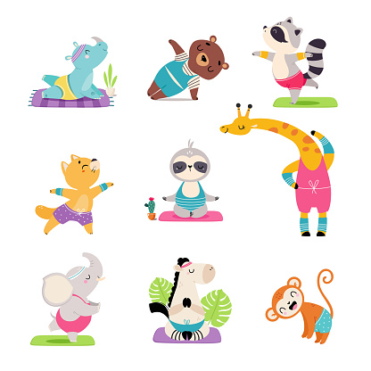 Cute animals doing yoga set. Adorable monkey, giraffe, cat, hippopotamus, elephant, horse practicing fitness exercises cartoon vector illustration isolated on white