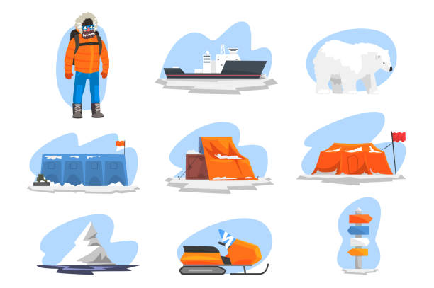 illustrazioni stock, clip art, cartoni animati e icone di tendenza di set di spedizione antartica. esplorazione del polo nord, stazione scientifica, rompighiaccio e illustrazione vettoriale del palo di direzione dell'incrocio - arctic station snow science