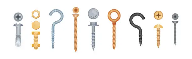 Vector illustration of Metallic Screw and Bolt as Fastener with Helical Ridge Vector Set