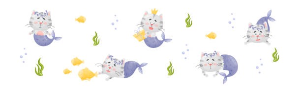 ilustrações, clipart, desenhos animados e ícones de sereia de gato bonito com cauda de peixe flutuante vetor subaquático set - fish tail