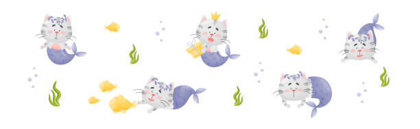 Cute Cat Mermaid with Fish Tail Floating Underwater Vector Set Cute Cat Mermaid with Fish Tail Floating Underwater Vector Set. Kitten Marine Animal and Fairy Creature cat muzzle meowing cartoon stock illustrations