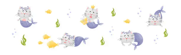 Vector illustration of Cute Cat Mermaid with Fish Tail Floating Underwater Vector Set