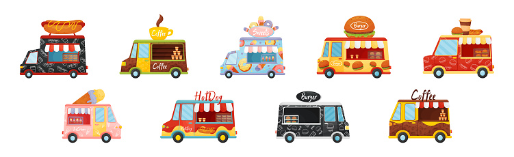 Food Truck or Van Selling Sweets, Coffee, Hot Dog and Burger Vector Set. Street Food and Fastfood Relocatable Snack Bar Concept