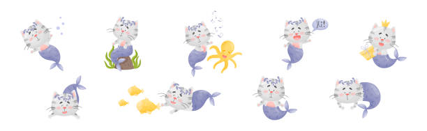 Cute Cat Mermaid with Fish Tail Floating Underwater Vector Set Cute Cat Mermaid with Fish Tail Floating Underwater Vector Set. Kitten Marine Animal and Fairy Creature cat muzzle meowing cartoon stock illustrations