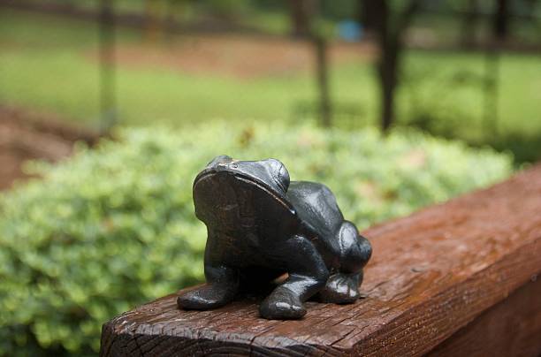 istock Stone frog on a wood railing in a backyard 153695898