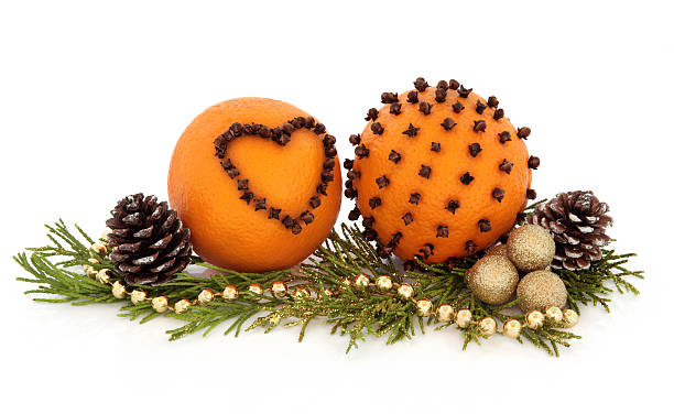 Orange Pomander Fruit Orange pomander fruit studded with clove spice, gold christmas bauble cluster and bead strand, pine cones and cedar leaf sprigs over white background. valencia orange photos stock pictures, royalty-free photos & images