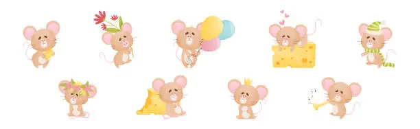 Vector illustration of Cute Little Mouse Character Engaged in Different Activity Vector Set