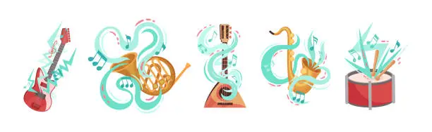 Vector illustration of Musical Instruments Twisted with Decorative Swirling Line and Note Vector Set