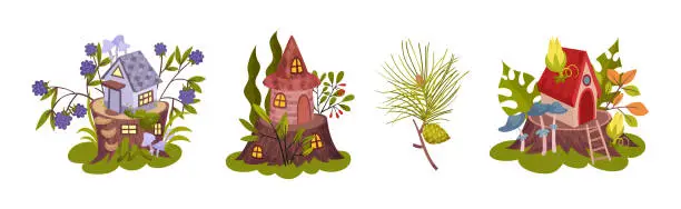 Vector illustration of Forest Botany Element with Fairy House on Tree Stump and Twig Vector Set