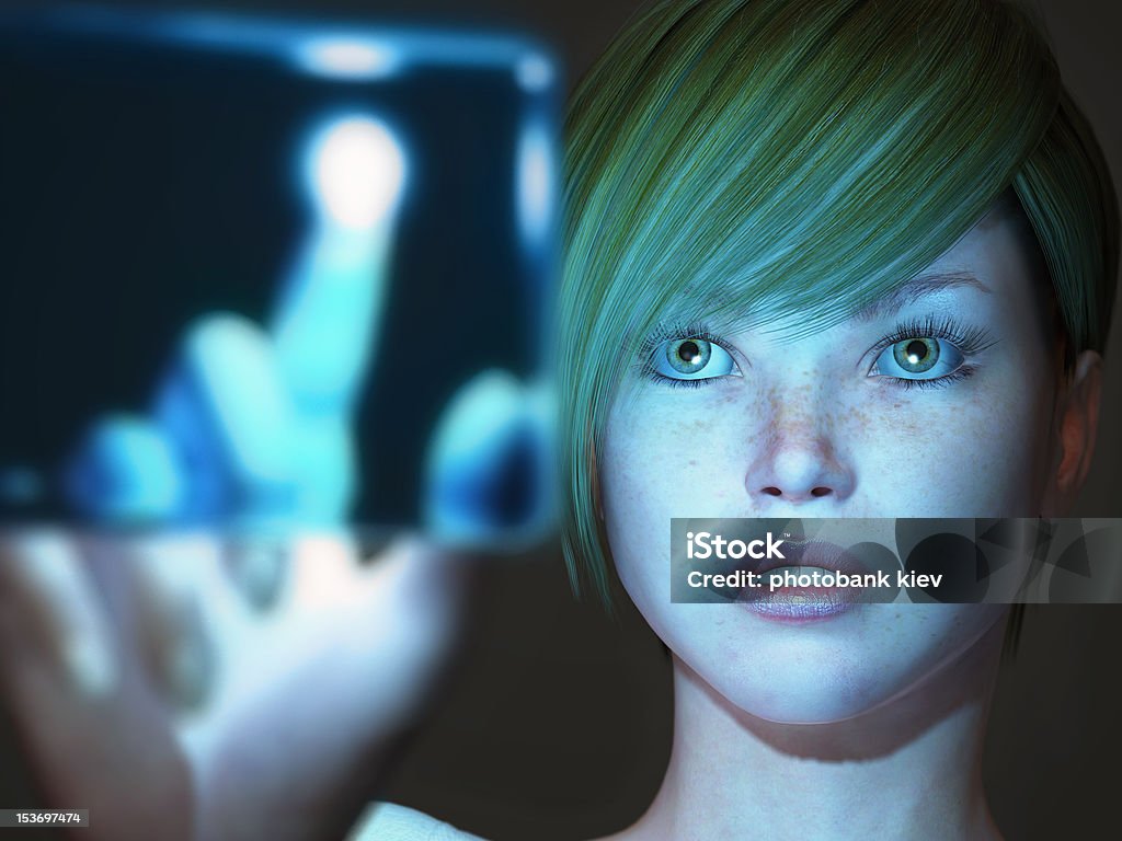 girl touching blue screen Abstract Stock Photo