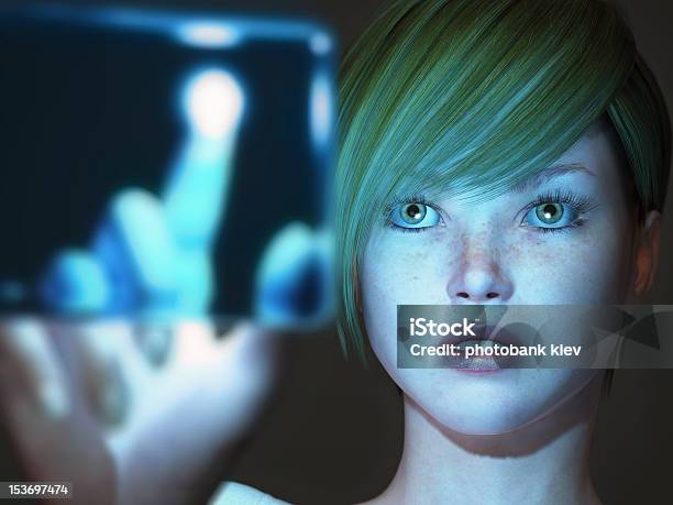 Girl Touching Blue Screen Stock Photo - Download Image Now - Abstract, Accessibility, Adolescence